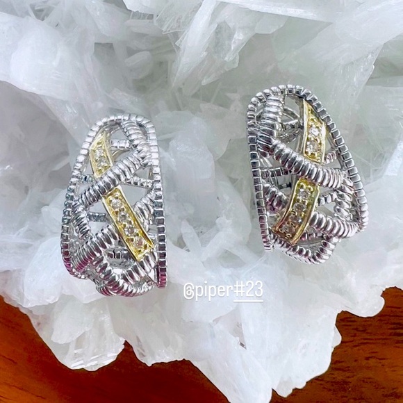 Judith Ripka JR TWO Diamond Estate Basketweave J Hoop Earrings - Picture 4 of 12